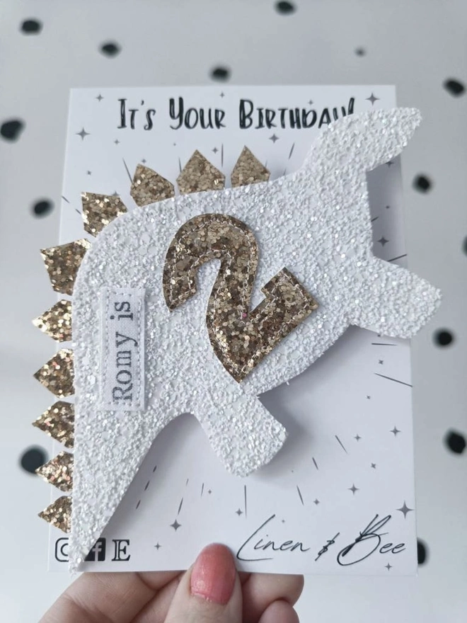 Personalised Glitter Dinosaur Birthday Badge. 