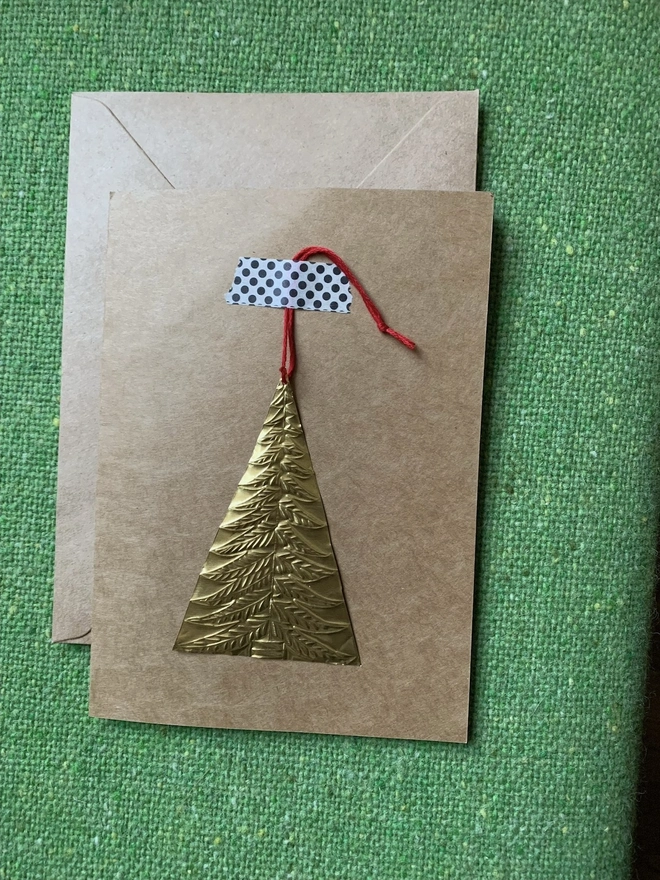 Embossed Tin Christmas Card - Golden Christmas Tree Design