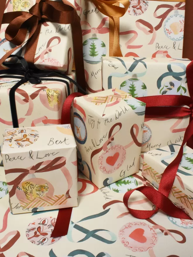 Liz Temperley's Christmas Baubles Wrapping Paper seen on presents.