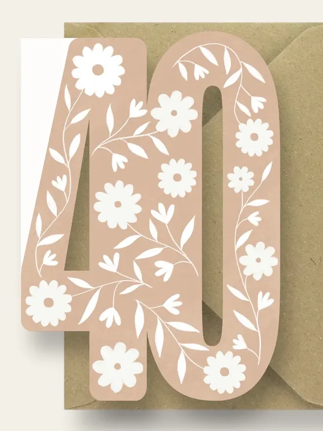 floral 40th birthday card. brown and white floral card shaped like 40.