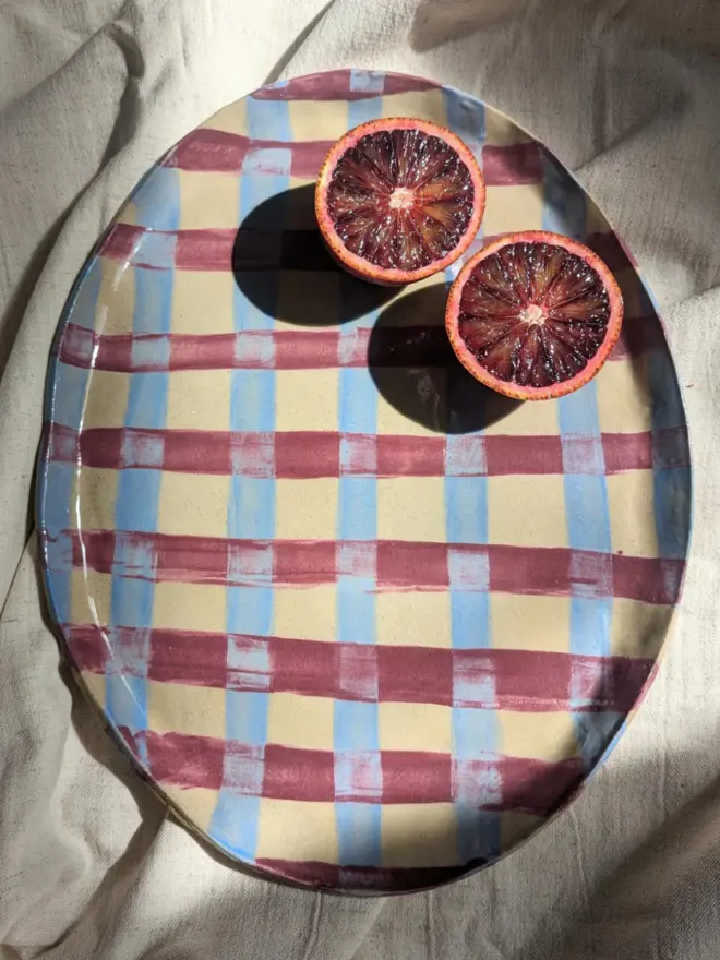 Blue & Burgundy Gingham Serving Platter