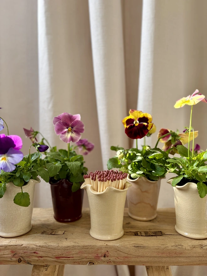 Frilly Match Stick pots with pansies and match sticks