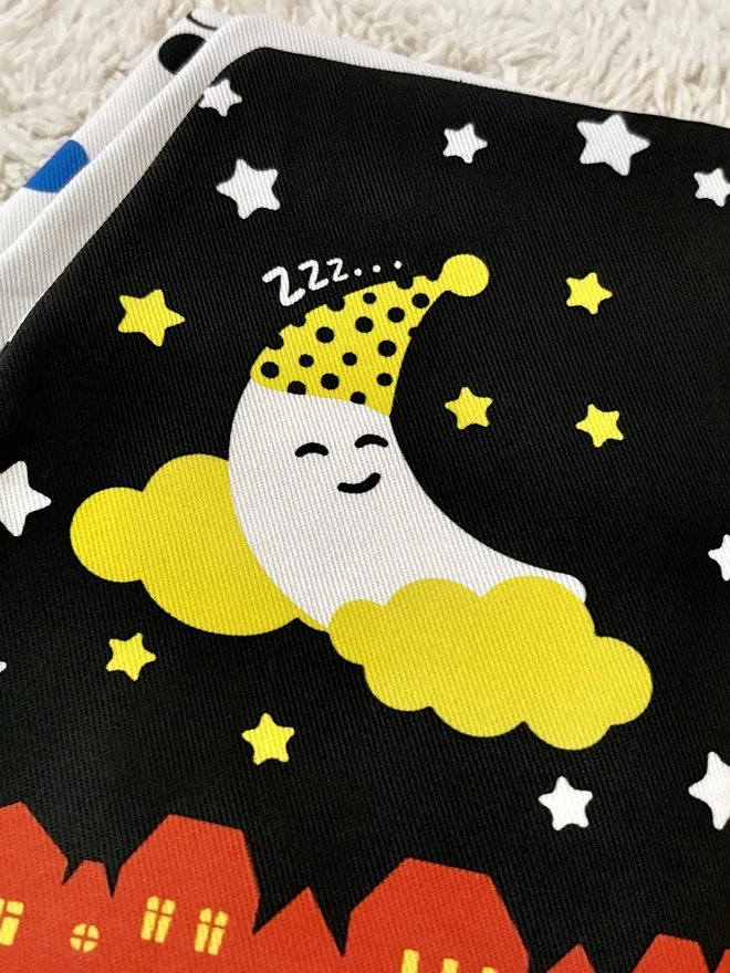 Sleepy moon on My Quiet Book, Baby during tummy time looking at My Quiet Book, High-contrast Soft Book