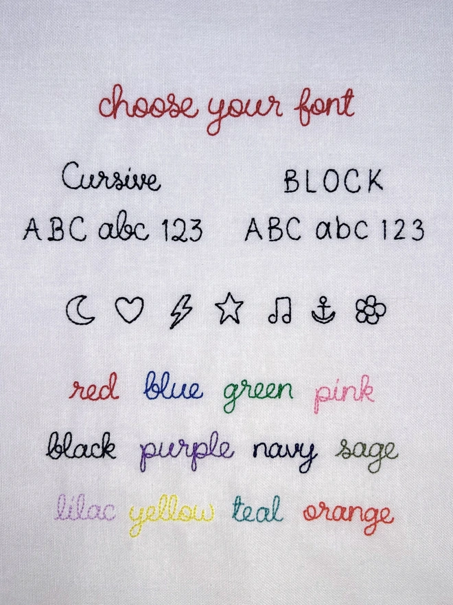 Embroidery font and thread colour chart with cursive and block fonts, decorative icons, and 12 thread colour choices for personalised text