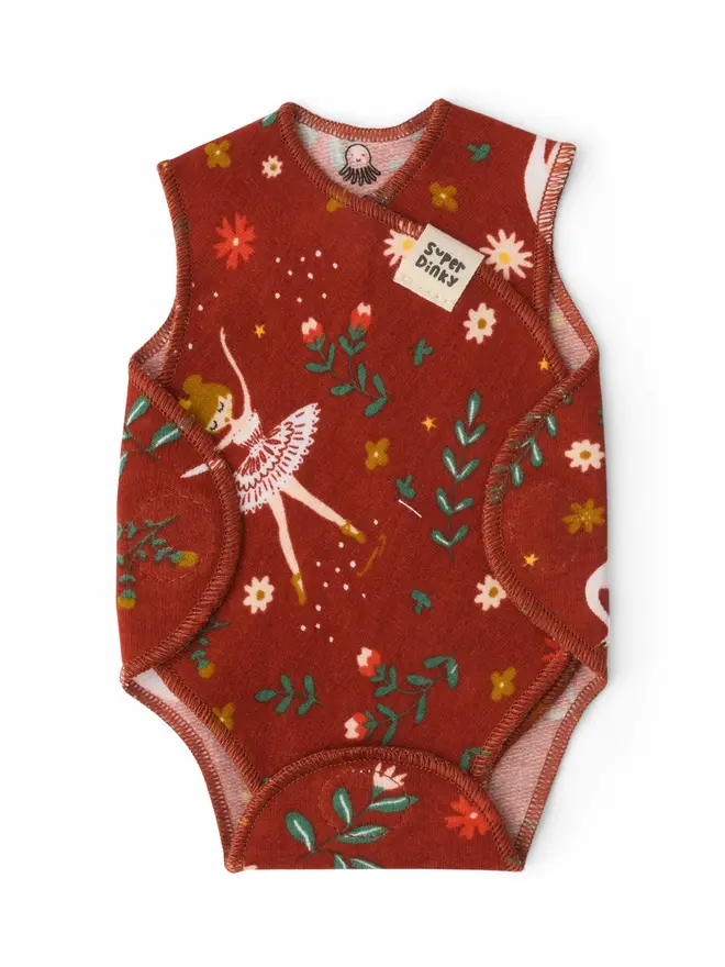Deep red colour preemie baby vest with cute ballerina and flowers print 