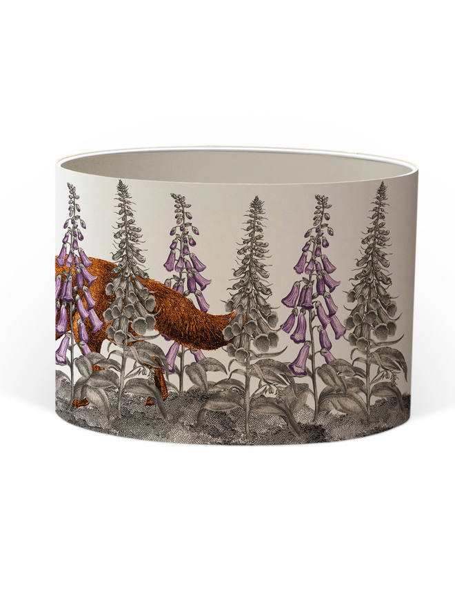 Mountain and Molehill – Fox in Foxgloves lampshade on a white background