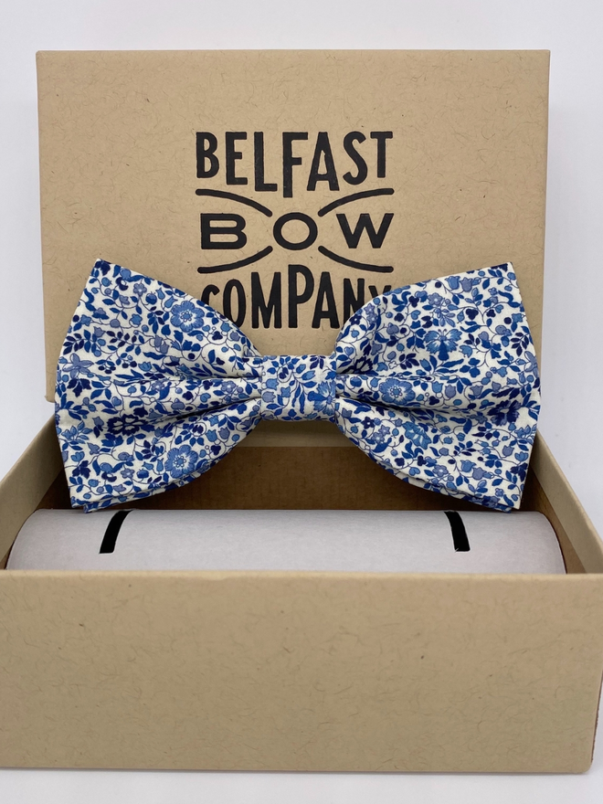 Navy Ditsy Floral Bow Tie handmade by the Belfast Bow Company