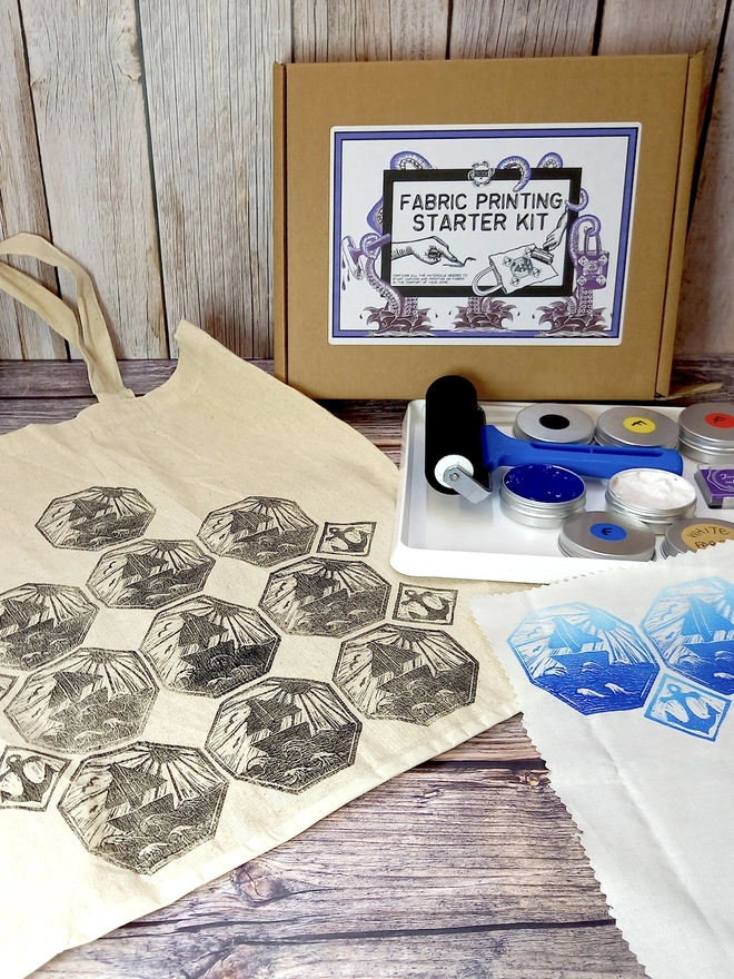 Fabric Printing Craft Kit, full kit with tote bag and ink unpacked. 