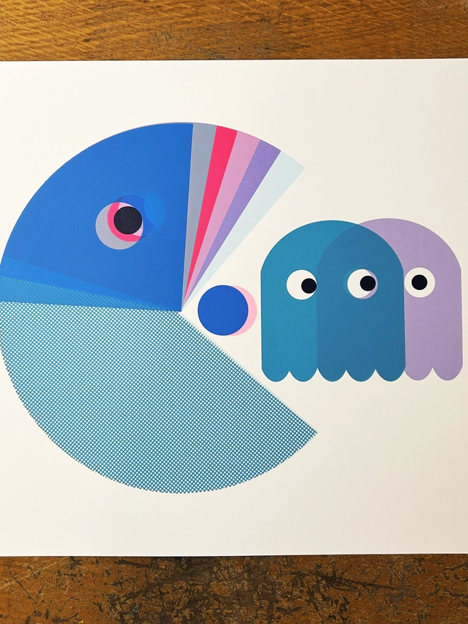 Retro Acrade Games Monster with Ghosts, Screen Print in Blues and Lilacs