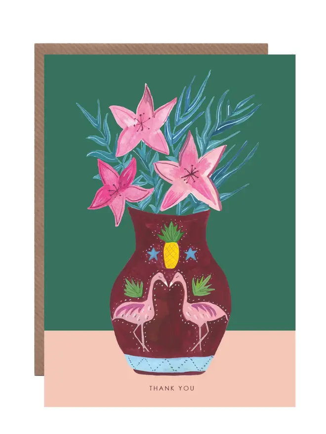 Thank you greeting card flamingo vase with bright pink flowers against a green background 