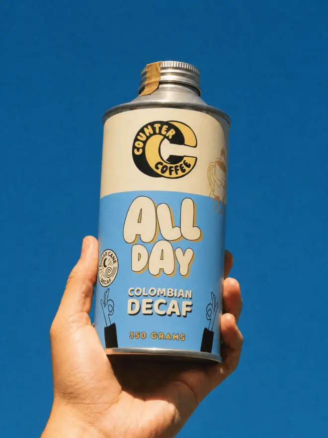 All Day Decaf. A tin of coffee from Counter Coffee.