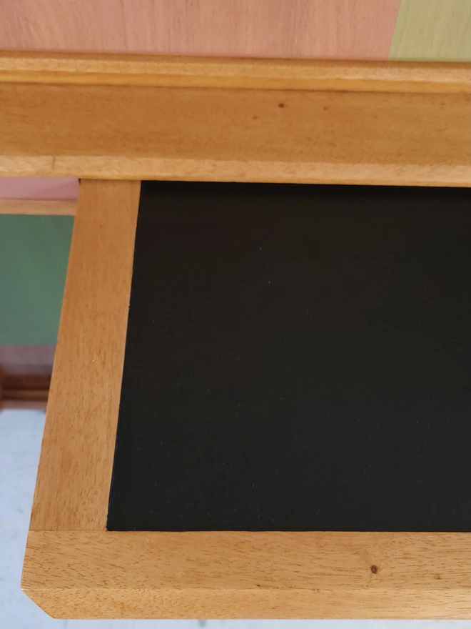 Vintage mid-century teak sideboard with pull out shelf lined with black vinyl 