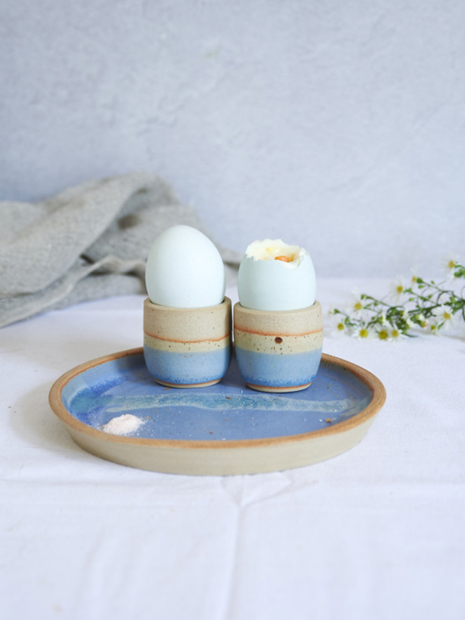 Blue Ceramic Egg Cups and Plate