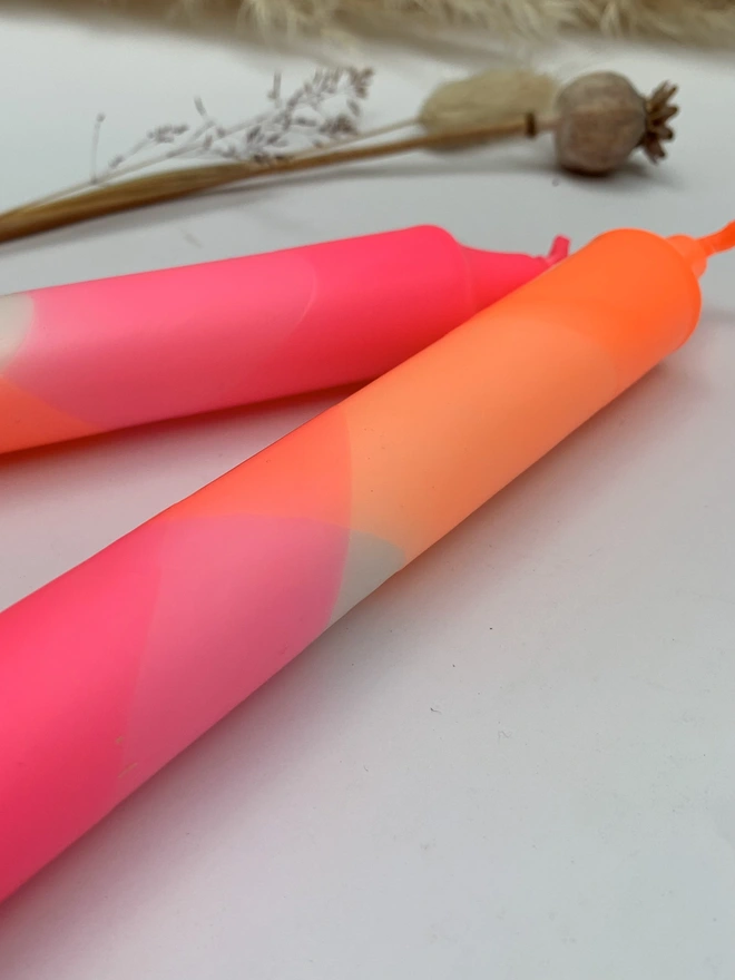 Neon Pink & Neon Orange Dip Dyed Dinner Candles (Set Of 2)