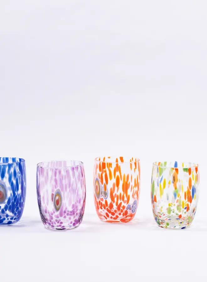 4 round tumbler glasses in blue, purple, orange, and rainbow