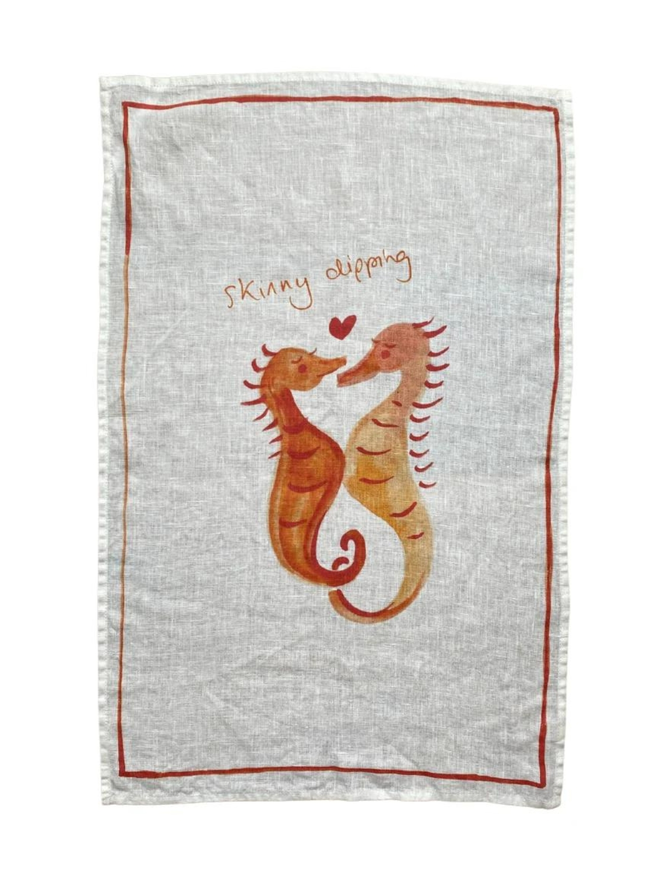 skinny dipping orange seahorse couple print linen tea towel