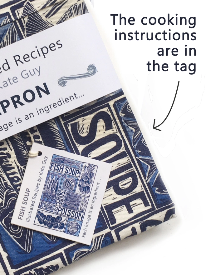 Kate Guy Print Fish Soup Apron with cooking instructions 