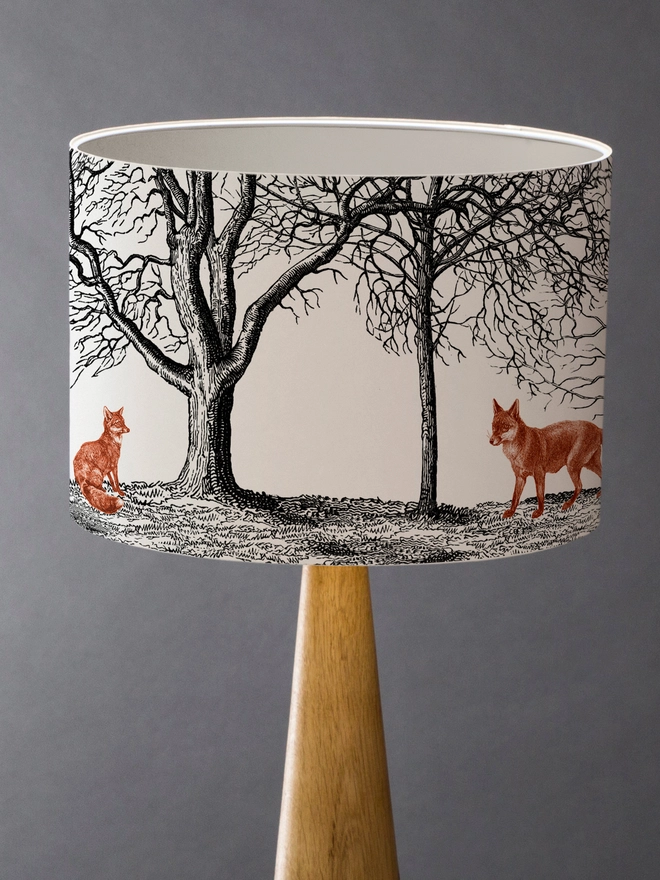 Handmade fox lampshade inspired by woodland walks and British countryside cottage style.