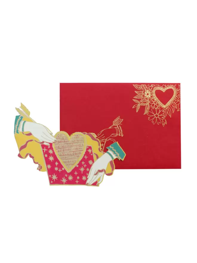 White cut-out shot: red and gold heart card and matching envelope with a heart motif to create a truly luxurious and special card.