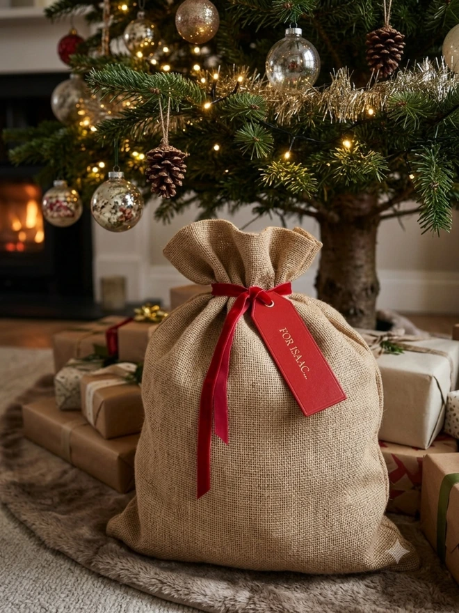 red leather label wrapped around a Christmas sack