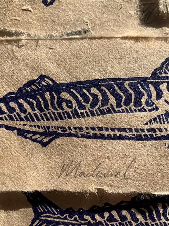 Lino Print Mackerel Fish Handmade Paper