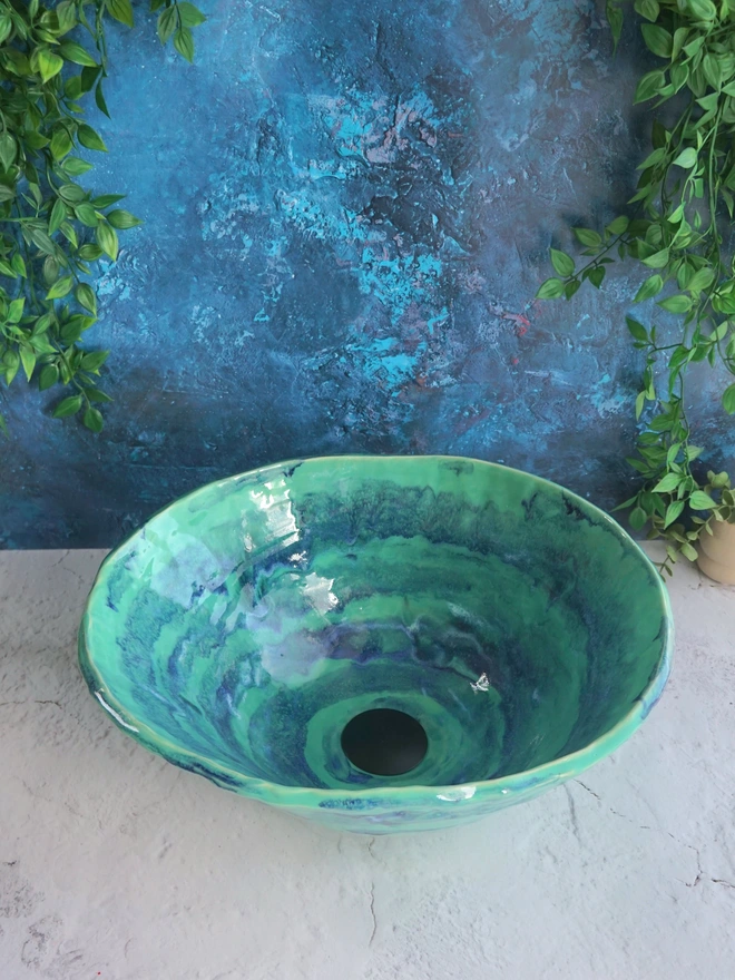 bathroom basin, bathroom sink, handcrafted sink, handcrafted basin ceramic basin, ceramic sink, Jenny Hopps Pottery, sculptural basin, bespoke basin, green basin, green sink