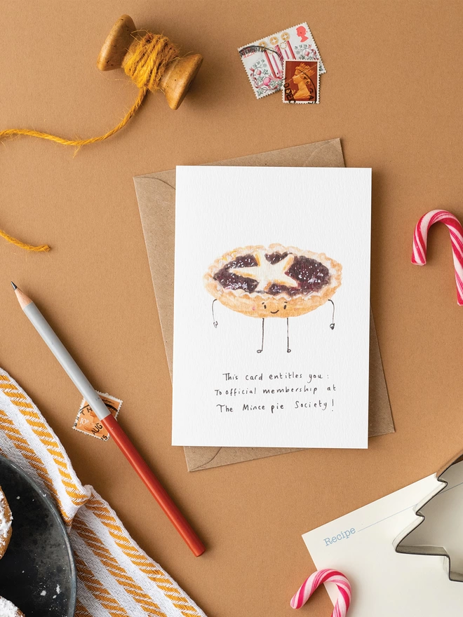 Mince Pie Christmas card.  Hand painted mince pie illustration.