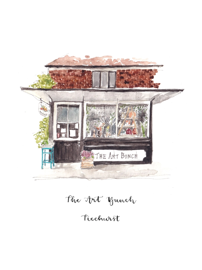Watercolour painting of The Art Bunch, florist in Ticehurst, a black and white fronted building with plants out the front and within the windows. The watercolour style is painted with a black pen outline and organic loose style with small details. 