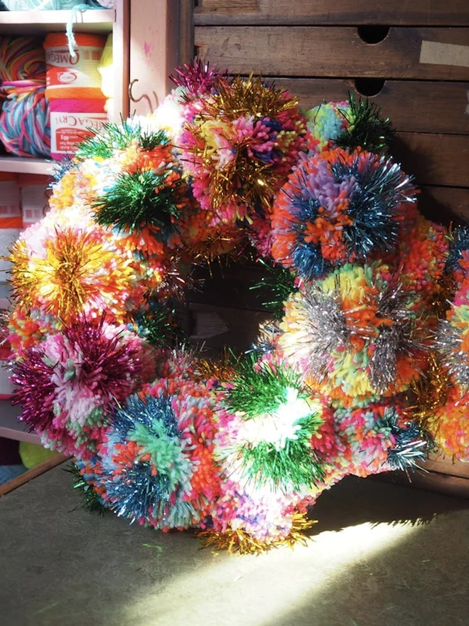 Rainbow Pom Pom Tinsel Wreath