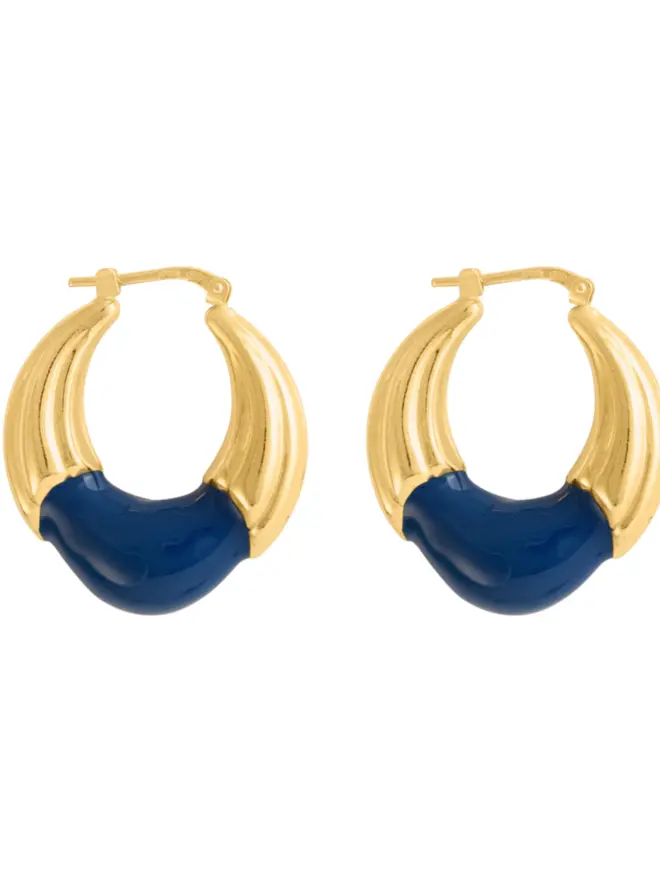 Loel Etched Gold and Blue Enamel Hoop Earrings