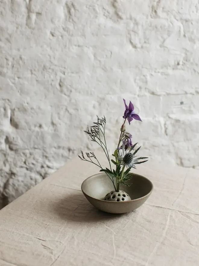 green stoneware flower bowl