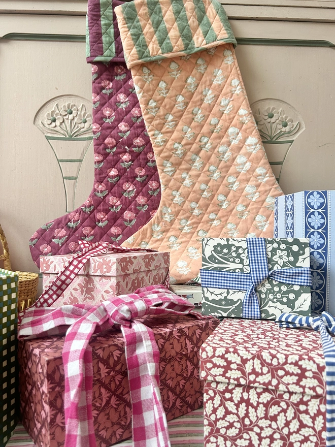 peach flower christmas stocking with plum red stocking