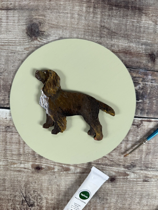 Hand - painted Working Cocker Spaniel Dog portait  - chocolate brown dog on pale green background