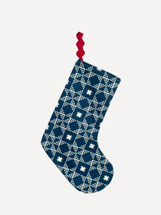 Clara Organic Printed Stocking, hanging.
