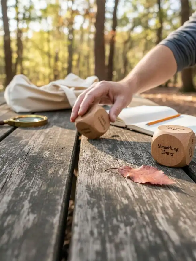 Large beech wood dice being used in a Forest school session