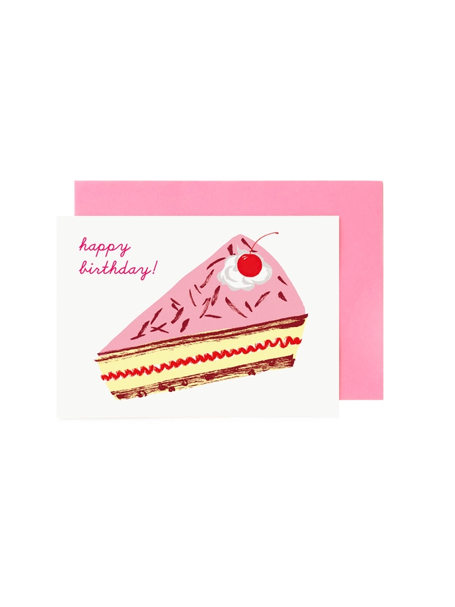 Scratch + Sniff scented greeting card featuring a pink happy birthday jam sponge victoria sponge cake and pink envelope.