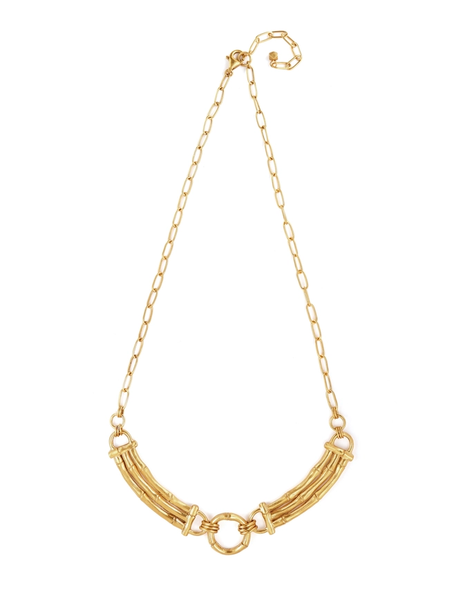 gold vermeil Bamboo bar sectional necklace with ring, on chain.