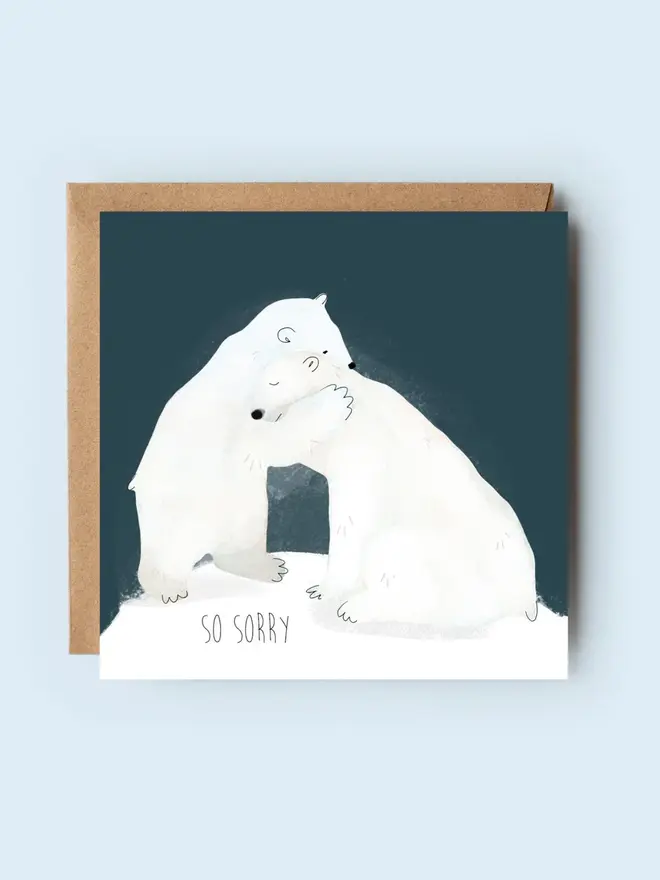 'so sorry' illustrated empathy card. card featuring two illustrated polar bears hugging.