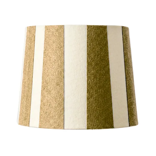 Hand Painted Upcycled Striped Sustainable Drum Lampshade, a metallic gold striped lampshade against a white background. 