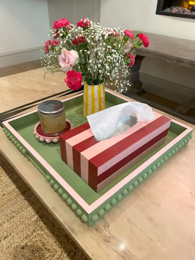 Green Bobbin Style Coffee Table Tray With A Pink Edge