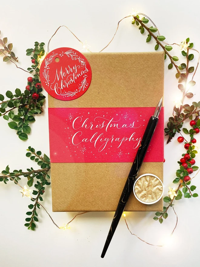 christmas modern calligraphy kit. calligraphy kit in a cardboard gift box.