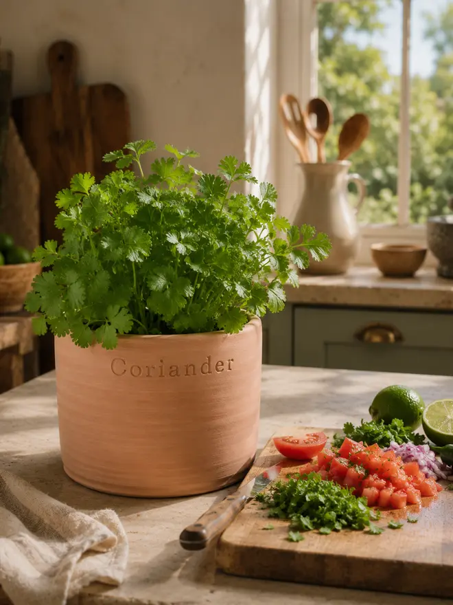 Hand-thrown terracotta herb pot stamped with Coriander, filled with fresh coriander beside chopped tomatoes and onion for salsa.