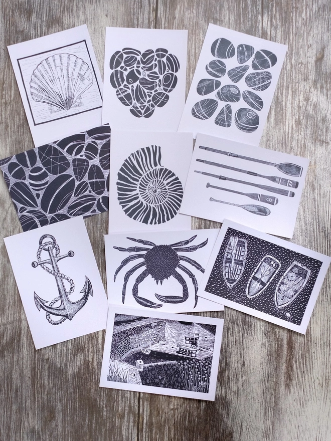 Pack of Ten Notecards with mixed Coastal Images, taken from original lino prints.