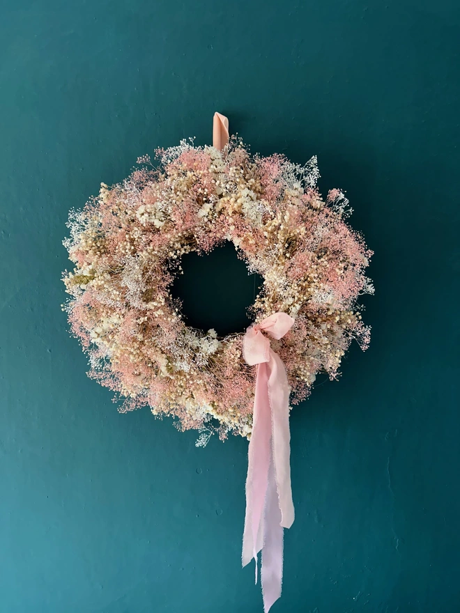 'Amalie' Pink & White Dried Gypsophilia Wreath with pink ribbon