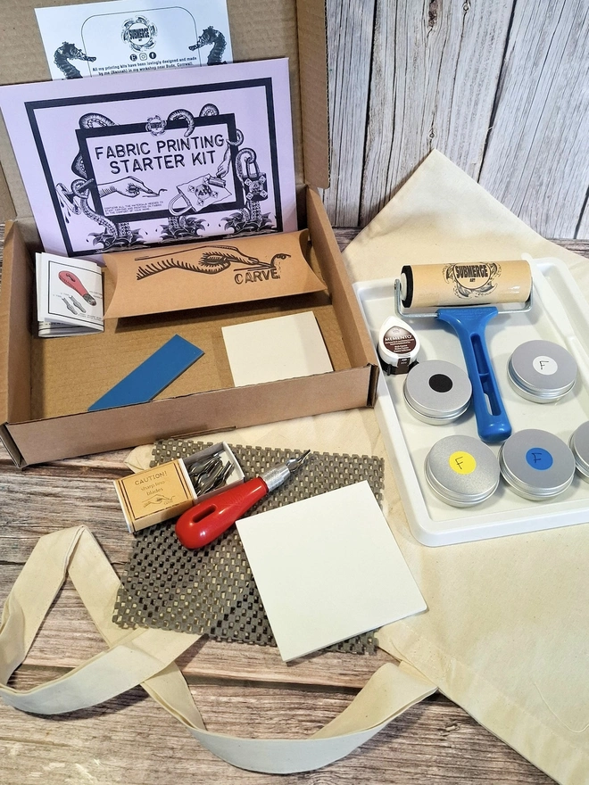 Fabric Printing Craft Kit, full kit with tote bag, roller and ink unpacked. 
