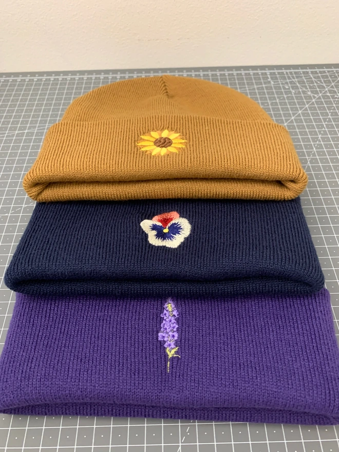 Embroidered Flower Beanie - Caramel, Navy & Purple