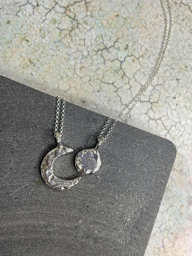 Hand made sun and moon friendship necklaces made from 100% recycled sterling silver, cute gift for girlfriend or wife for Valentine's Day, Galentine's Day or Mother's Day. Send straight to your special someone. Made by Celina C Jewellery, a small business in the UK, find on Holly and Co.