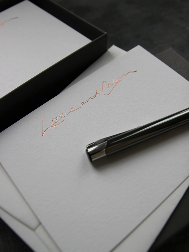 peronalised correspondance notecards hand foiled in rose gold foil