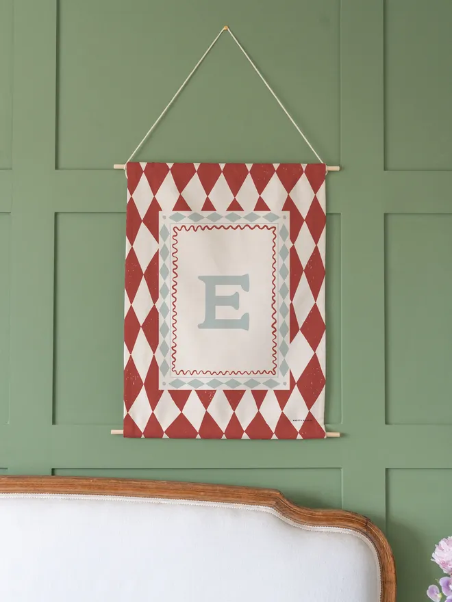 Harlequin Initial Fabric Banner, red & blue