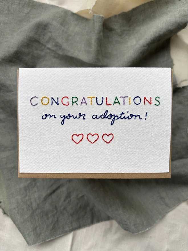 Congratulations on your adoption Hand Embroidered Card with envelope